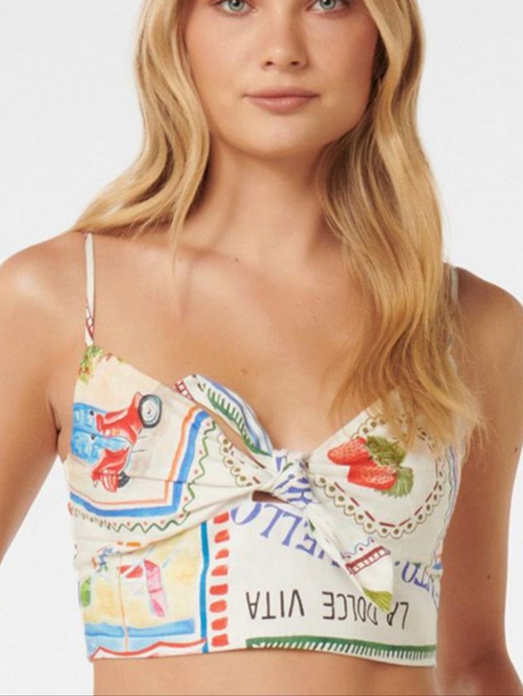 Nwt Joie Linen Resort Vibes Print In White/Multi Tie-Front Crop Top Size 12
